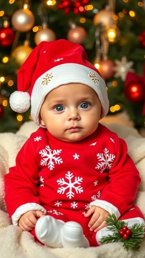 A 1-month-old baby in a red Christmas outfit with snowflakes, lying on a blanket with holiday decorations.